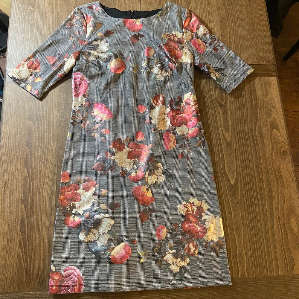 Leslie Fay Metallic Red Floral Black White Houndstooth Sheath Dress, Sz 4